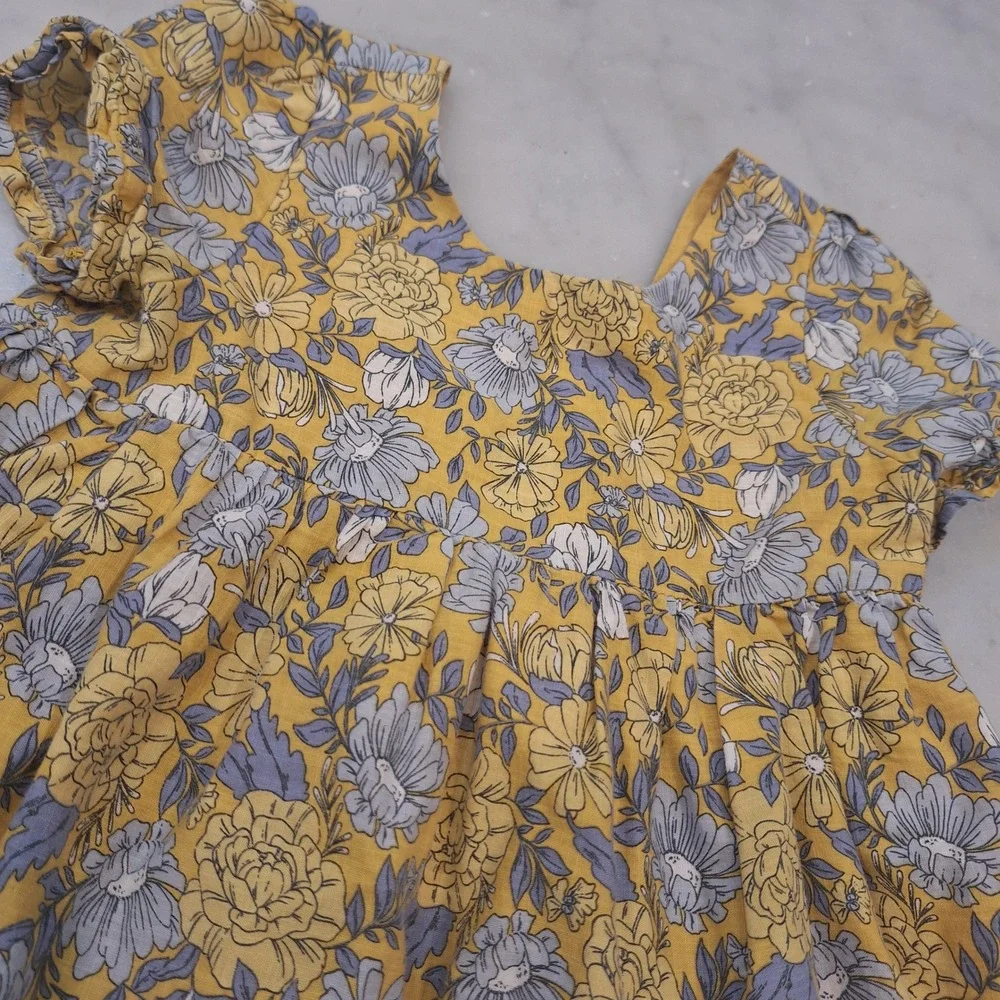 Joie Floral Dress Kids 3T Yellow Blue Ruffle Tiered Shortsleeve Boho Peasant